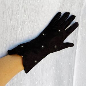 Vintage Womens Size S 6.3 Black Suede Gloves Embroidered